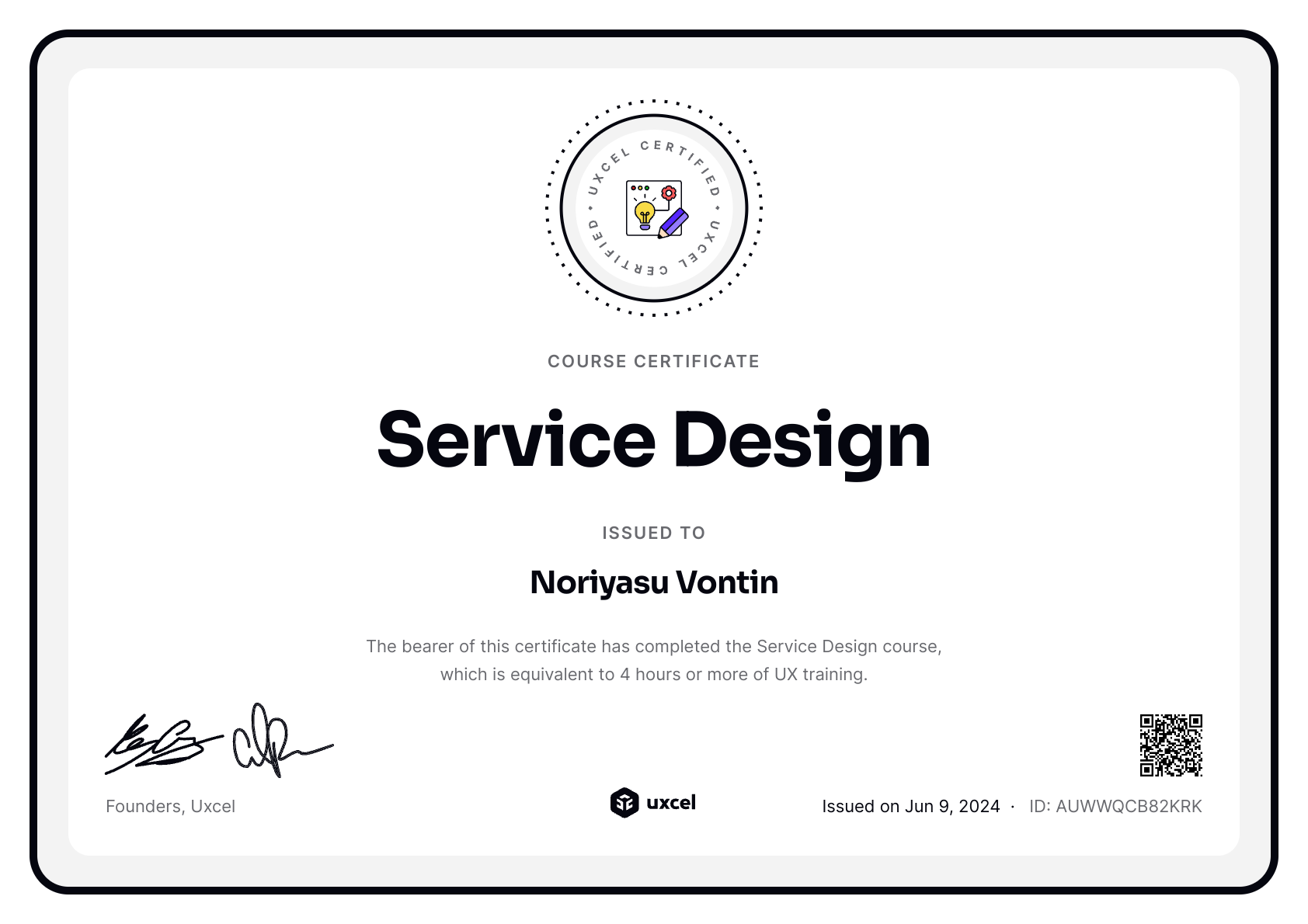 Noriyasu Vontin's certificate